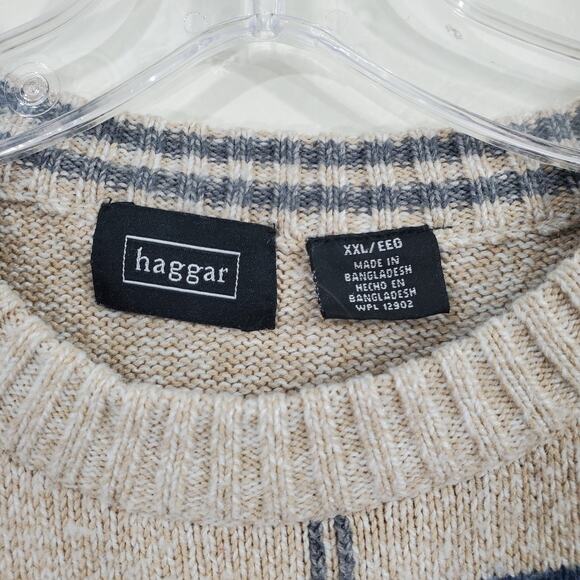 Haggar Men Sweater Striped Long Sleeve Oatmeal Blue and Green Strips XXL Vtg - Picture 5 of 15